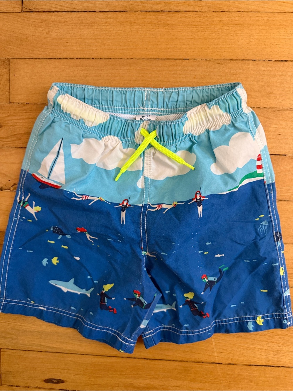 Mini Boden Blue Nautical Swim Trunks with Neon Yellow Drawstring